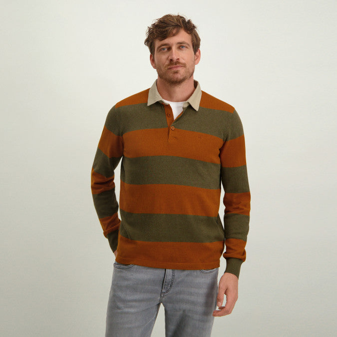 State of Art Rugby Shirt with Stripe Design- Camel & Olive Green