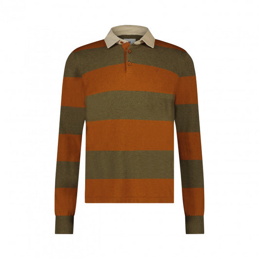 State of Art Rugby Shirt with Stripe Design- Camel & Olive Green
